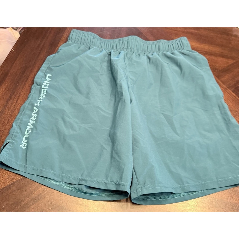 Under Armour Mens Medium Woven Wordsmark Teal Athletic Shorts Medium 8 inch